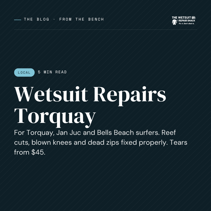 Wetsuit Repairs Torquay. For Torquay, Jan Juc and Bells Beach surfers. Reef cuts, blown knees and dead zips fixed properly.