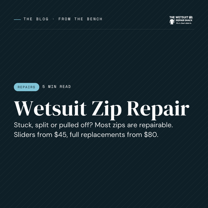 Wetsuit Zip Repair. Stuck, split or pulled off? Most zips are repairable, from slider swaps to full zip replacements.