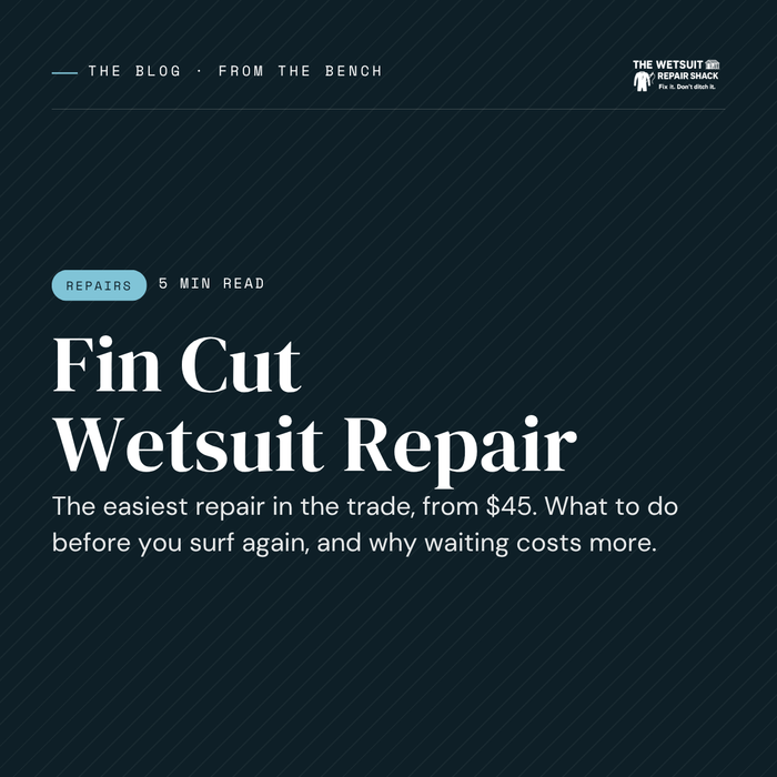 Fin Cut Wetsuit Repair. The easiest repair in the trade. What to do before you surf again, and why waiting costs more.